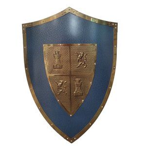 welded metal mid-evil knights shield wall decor blue and gold very heavy crests